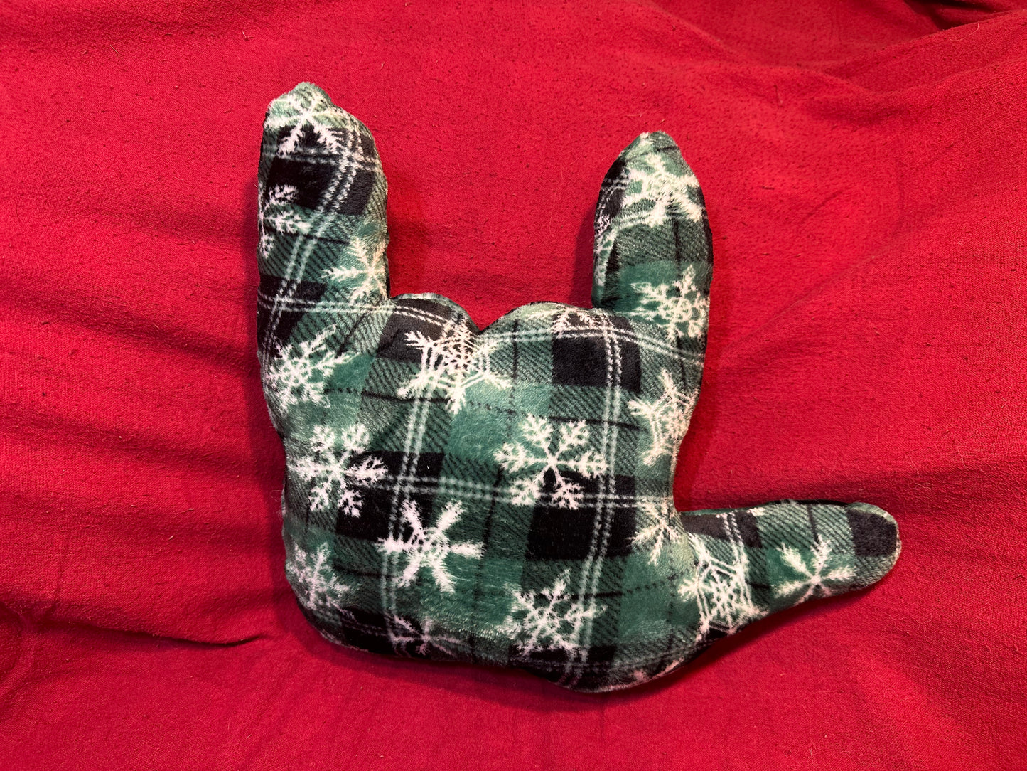 Plaid Green and Black ‘ILY’ Pillow with White Snowflakes